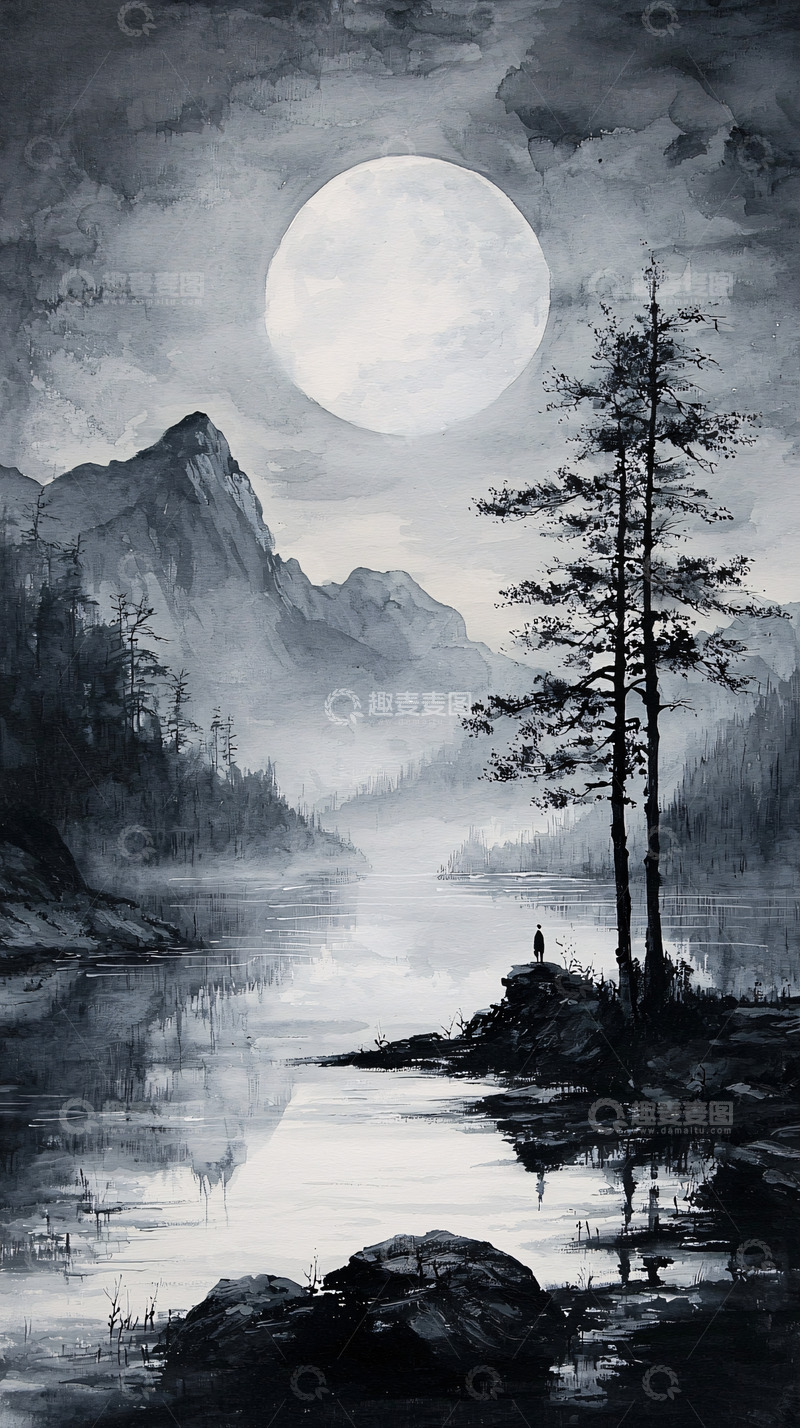 高清大图下载【趣麦麦图】黑白山水画