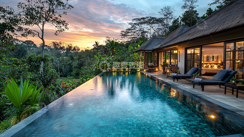 高清大图下载【趣麦麦图】巴厘岛泳池别墅落日