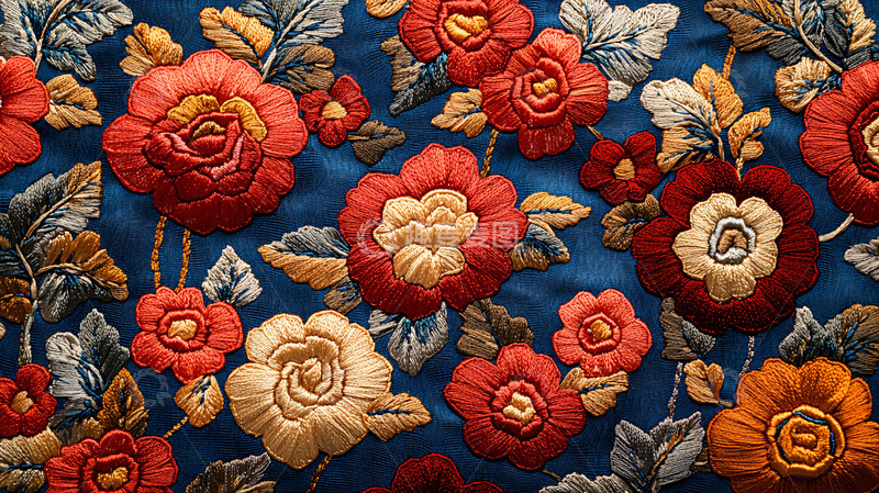 高清大图下载【趣麦麦图】蓝色底纹玫瑰刺绣