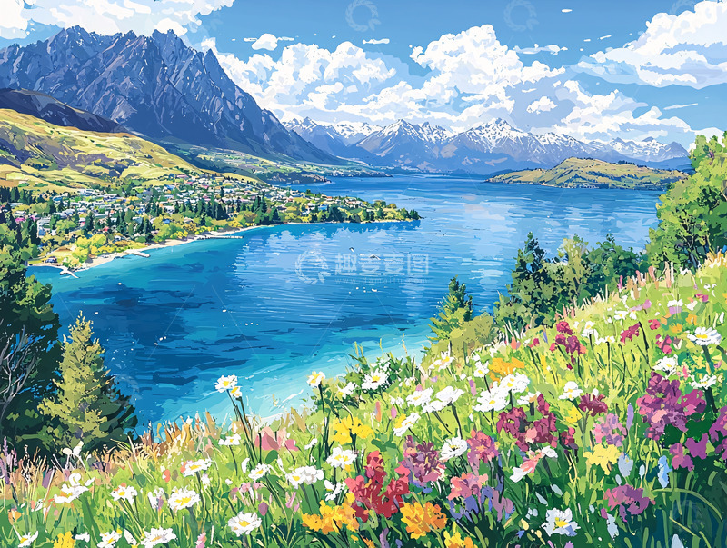 高清大图下载【趣麦麦图】高山湖泊鲜花盛开