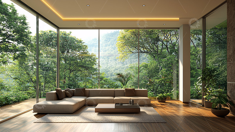 高清大图下载【趣麦麦图】极简现代客厅落地窗绿植