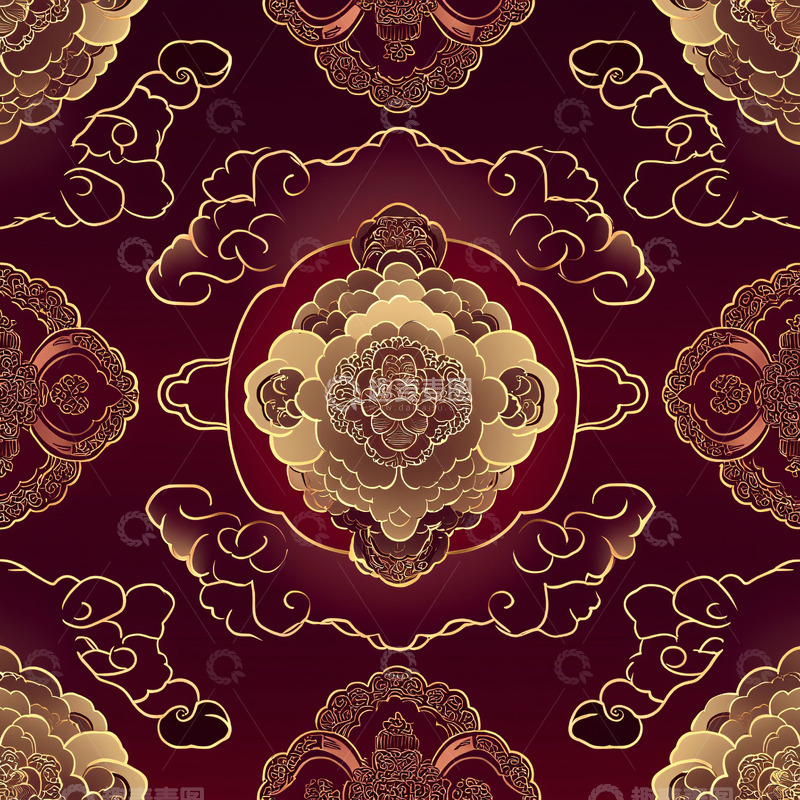 高清大图下载【趣麦麦图】中国风红色金色祥云花纹图案