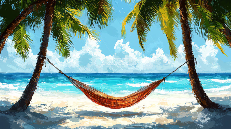 高清大图下载【趣麦麦图】棕榈树下海滩吊床