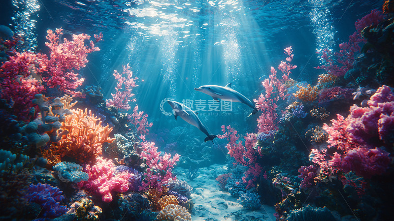高清大图下载【趣麦麦图】海豚在珊瑚礁中畅游