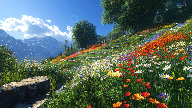 高清大图下载【趣麦麦图】山坡上的彩色野花