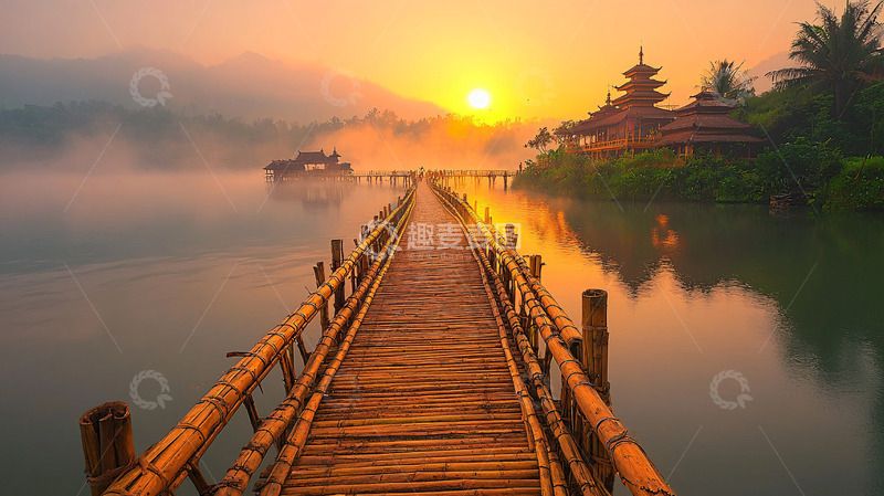 高清大图下载【趣麦麦图】日出雾气木桥湖泊