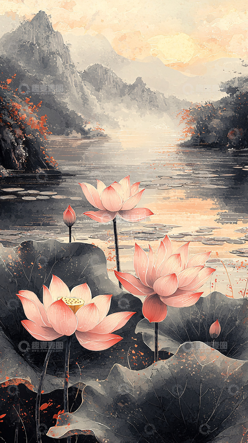 高清大图下载【趣麦麦图】水墨荷花山景图