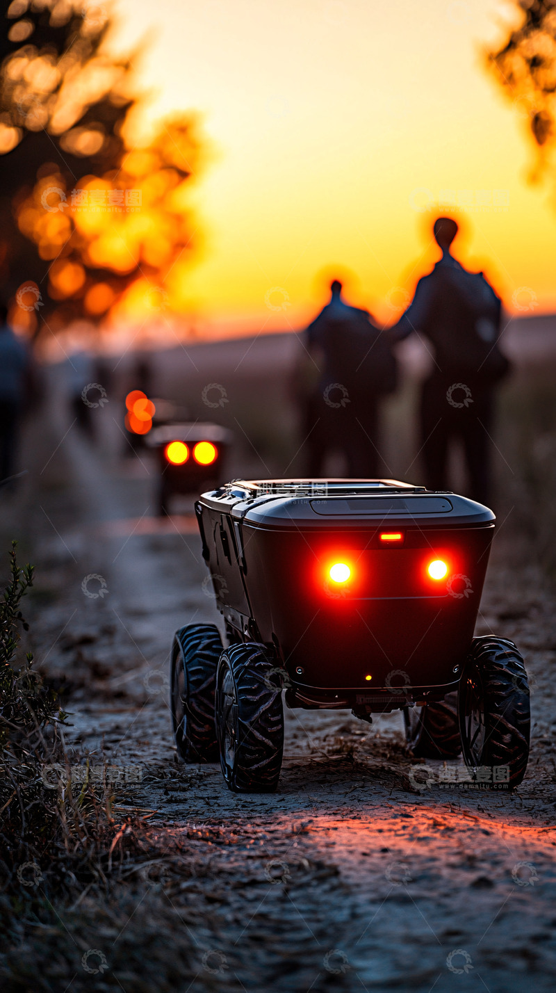 高清大图下载【趣麦麦图】夕阳下田间小路上的自动驾驶小车