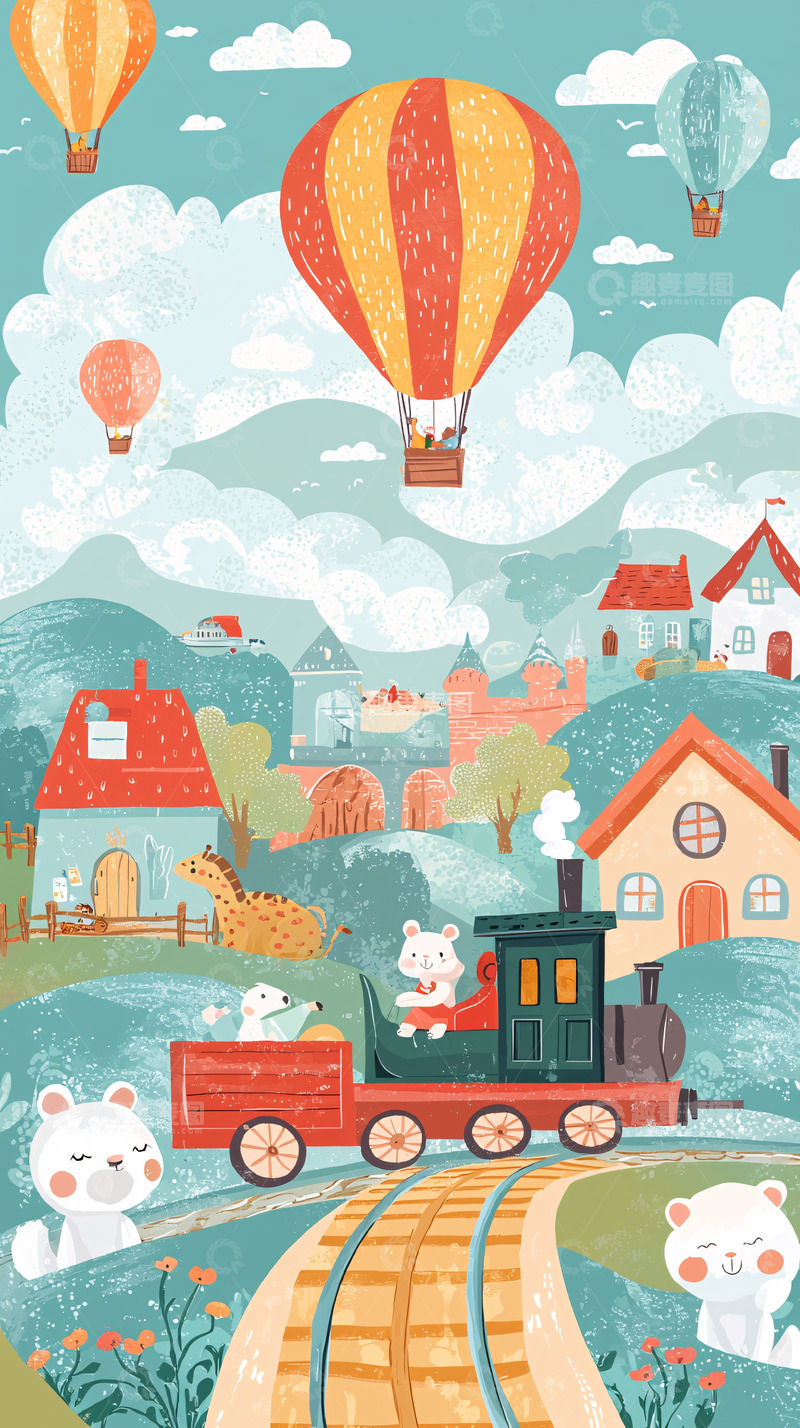 高清大图下载【趣麦麦图】卡通动物热气球火车
