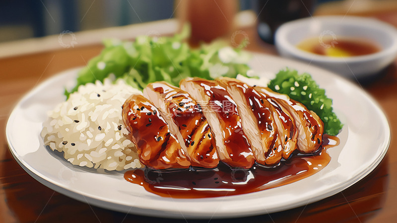 高清大图下载【趣麦麦图】烤鸡胸肉配米饭和西兰花