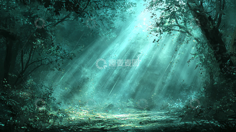 高清大图下载【趣麦麦图】幽暗森林光束透射