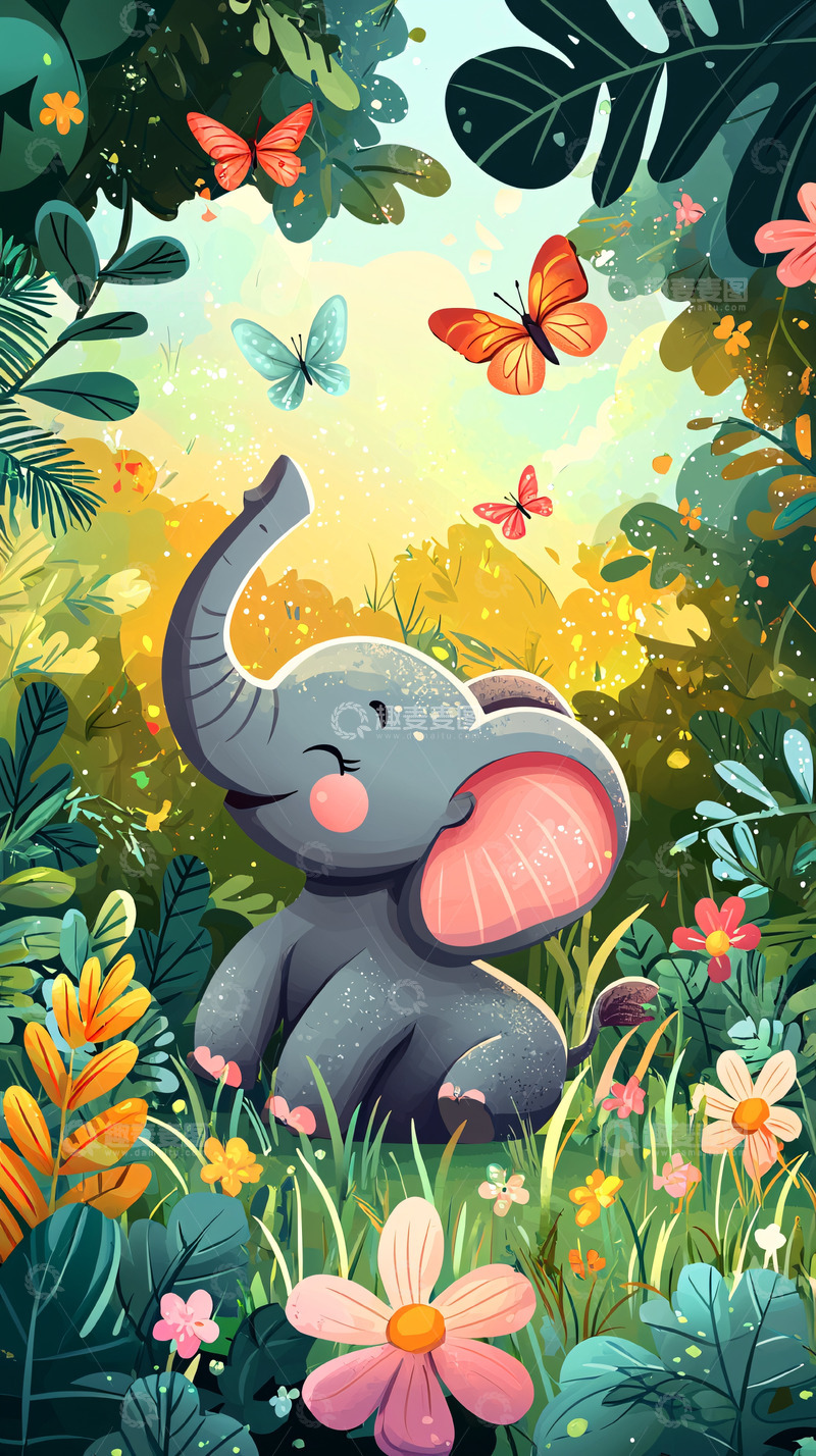 高清大图下载【趣麦麦图】小象与蝴蝶花丛图