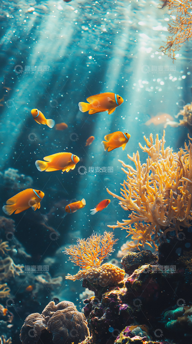 高清大图下载【趣麦麦图】阳光照射下的珊瑚礁鱼群