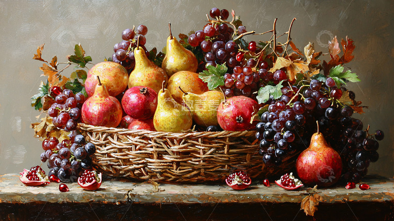 高清大图下载【趣麦麦图】水果篮子静物油画