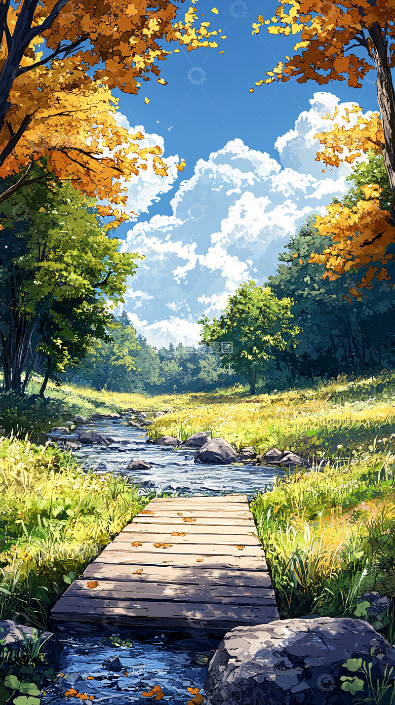 高清大图下载【趣麦麦图】秋日森林小溪木桥