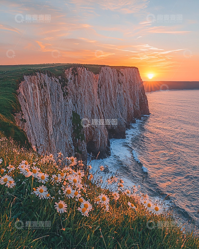 高清大图下载【趣麦麦图】落日余晖下的白色悬崖