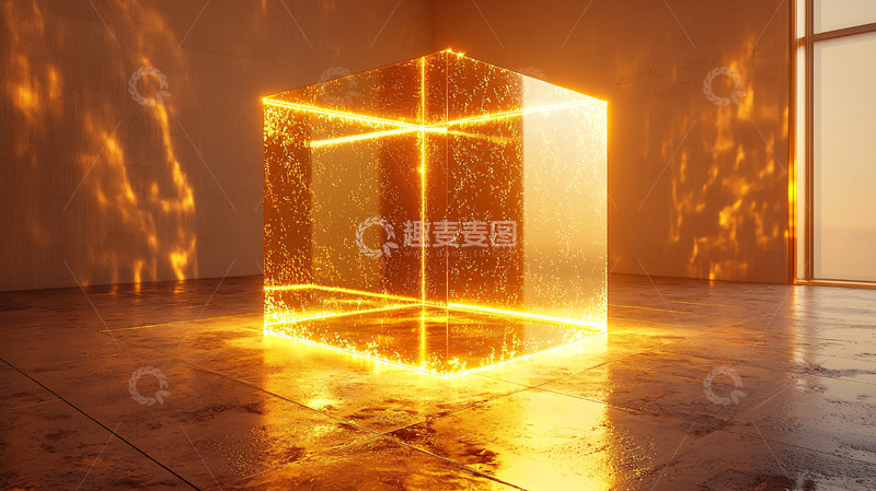 高清大图下载【趣麦麦图】金色光芒笼罩的透明立方体