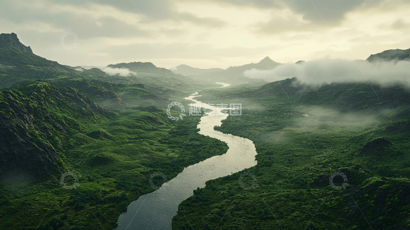 高清大图下载【趣麦麦图】山谷河流云雾缭绕