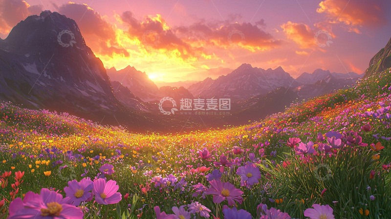 高清大图下载【趣麦麦图】日落山谷鲜花盛开