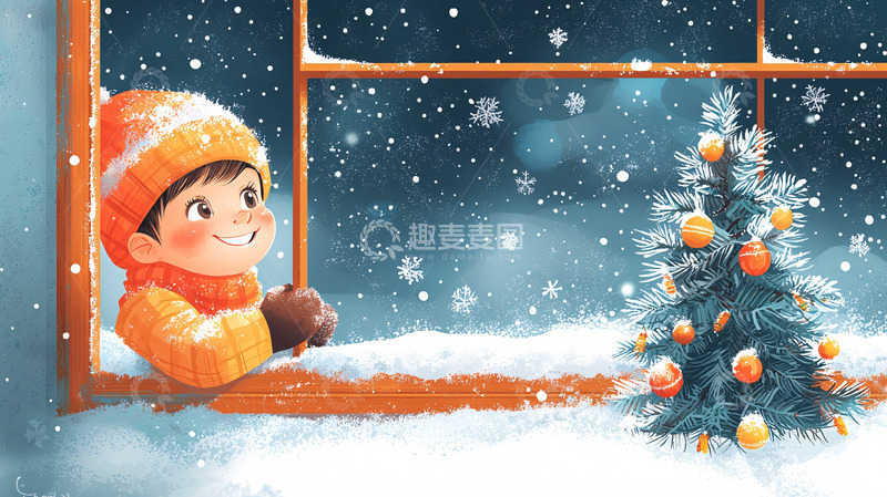 高清大图下载【趣麦麦图】窗边男孩看雪景