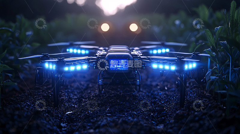 高清大图下载【趣麦麦图】黑暗中蓝光闪耀的无人机