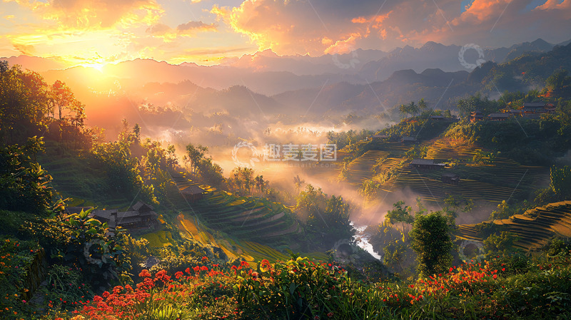 高清大图下载【趣麦麦图】日出山谷田园风光
