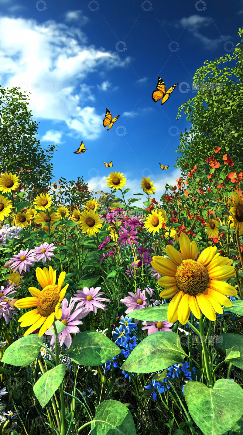 高清大图下载【趣麦麦图】蓝天白云下的花海