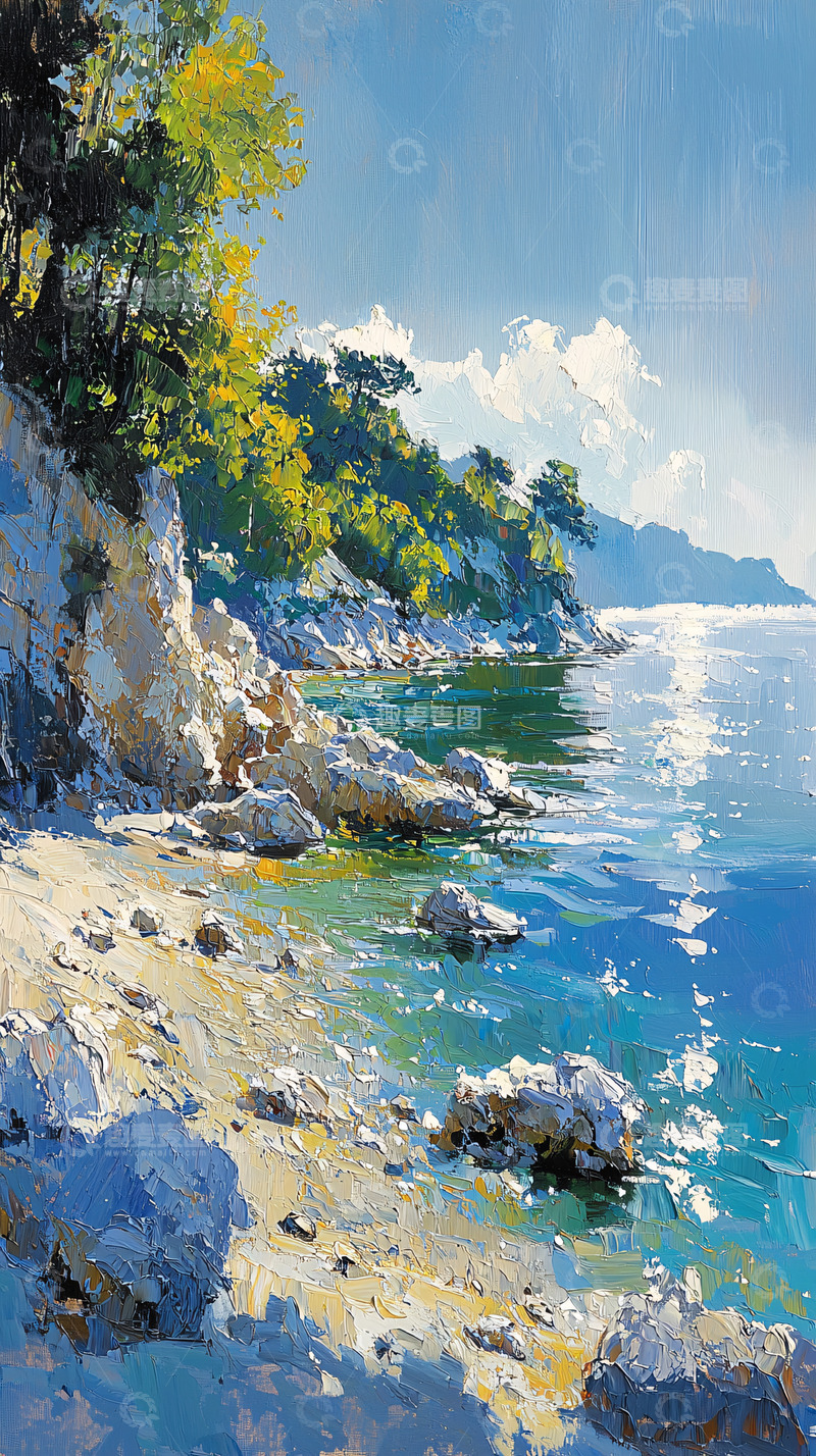 高清大图下载【趣麦麦图】海边岩石风景油画