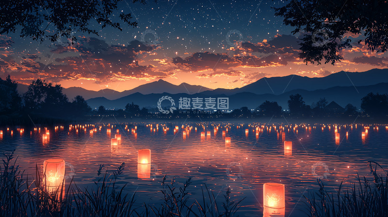 高清大图下载【趣麦麦图】星空下的湖面灯笼