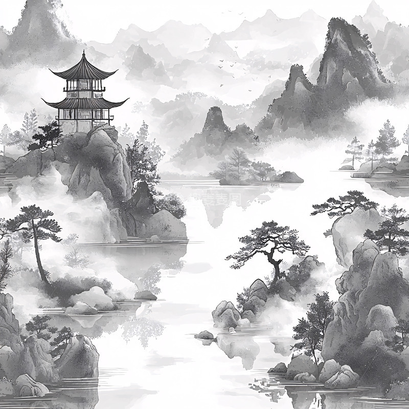 高清大图下载【趣麦麦图】-水墨风格山水风景画