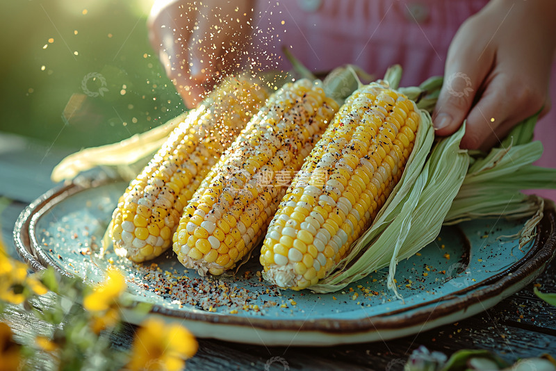 高清大图下载【趣麦麦图】孩子撒调料烤玉米