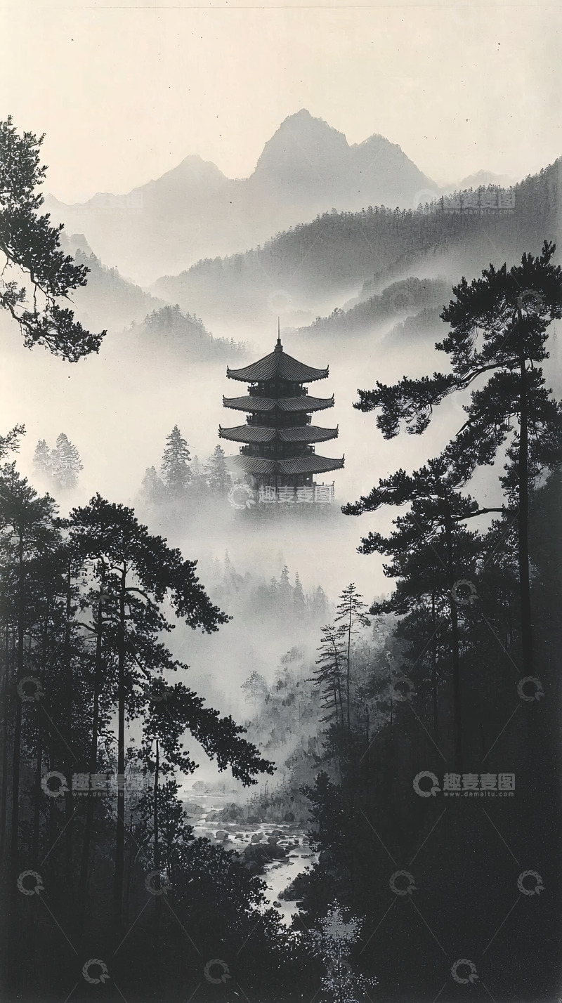 高清大图下载【趣麦麦图】雾中佛塔