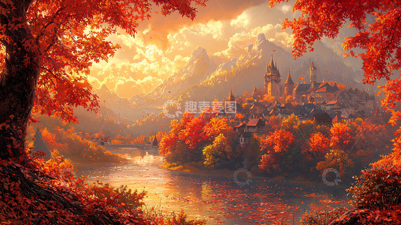 高清大图下载【趣麦麦图】秋日红叶山城景色