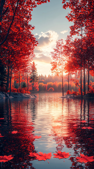 秋日红枫湖畔景色