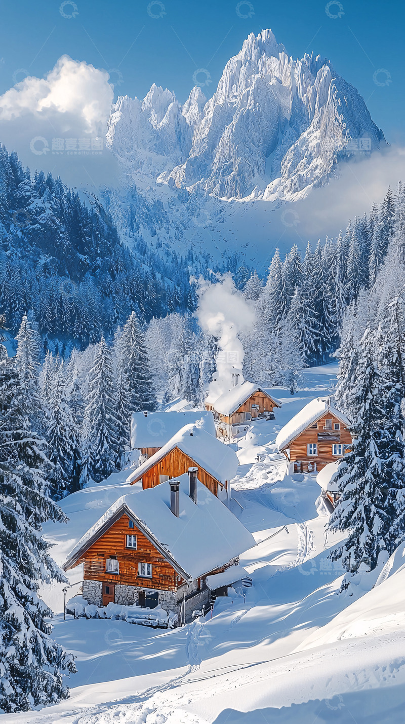 高清大图下载【趣麦麦图】雪山下的木屋村庄