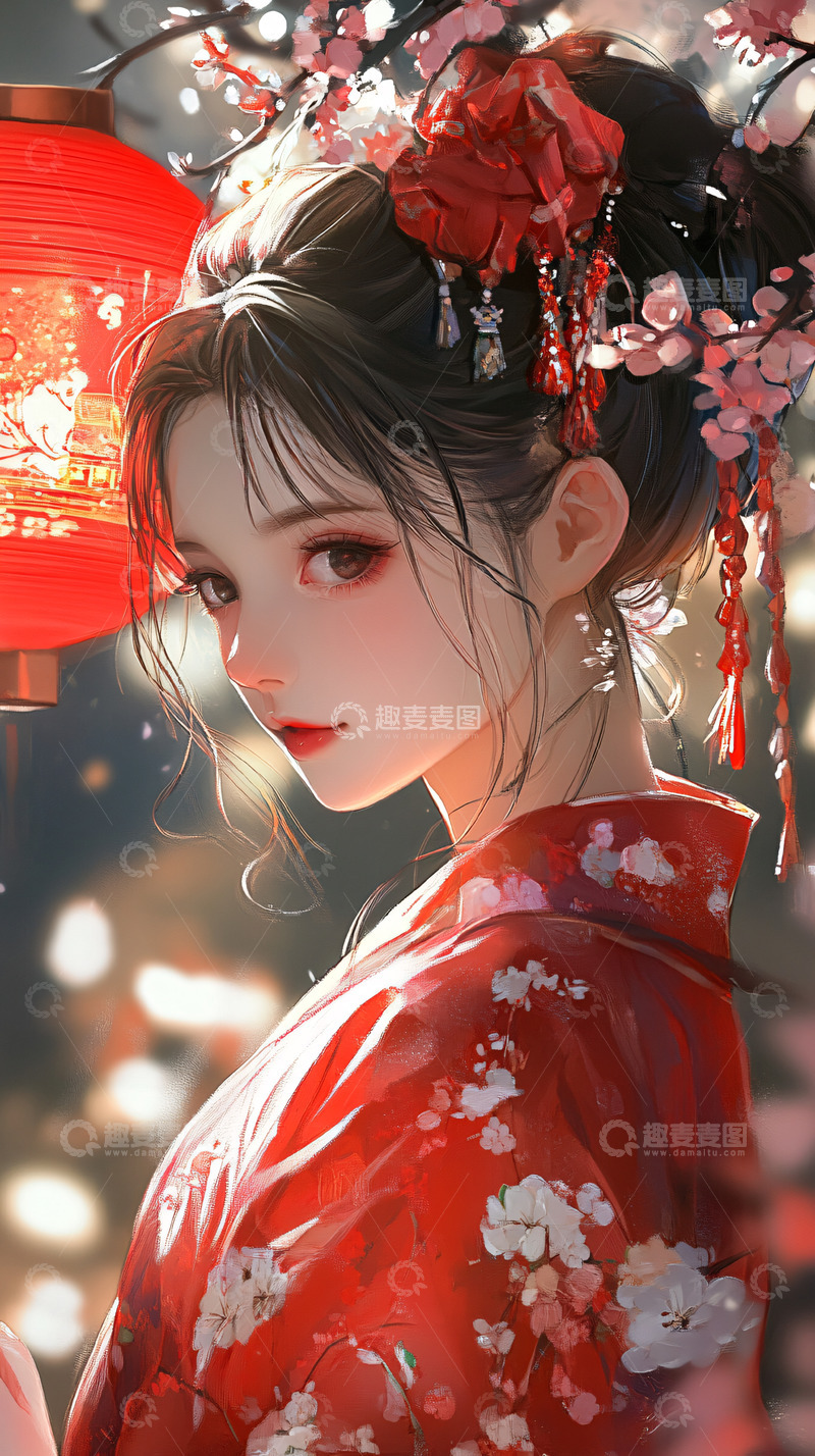 高清大图下载【趣麦麦图】红衣女子樱花灯笼