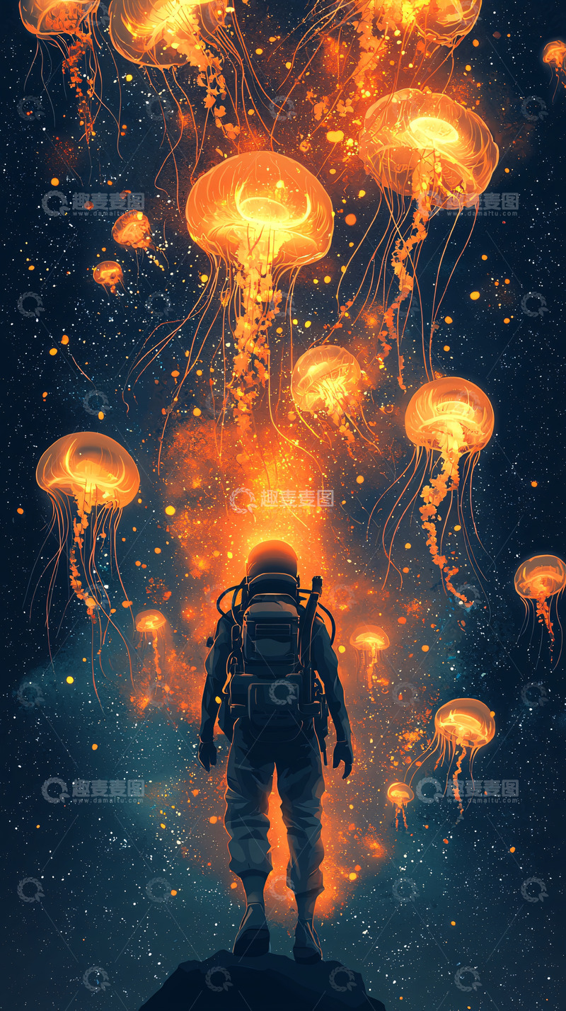 高清大图下载【趣麦麦图】宇宙星空下的人与水母