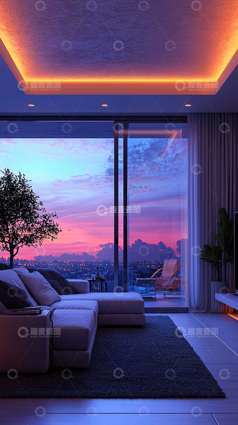 高清大图下载【趣麦麦图】傍晚客厅落地窗外景色
