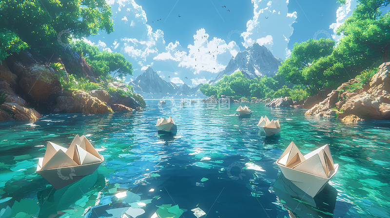 高清大图下载【趣麦麦图】-梦幻般纸船湖泊