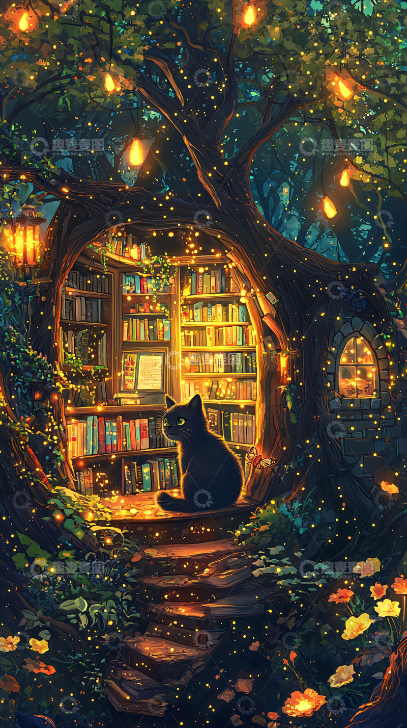 高清大图下载【趣麦麦图】树洞图书馆黑猫