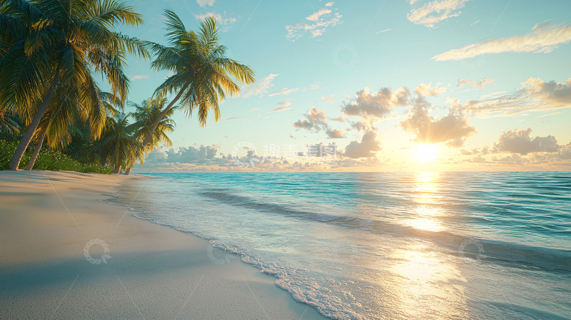高清大图下载【趣麦麦图】热带海滩日落椰树