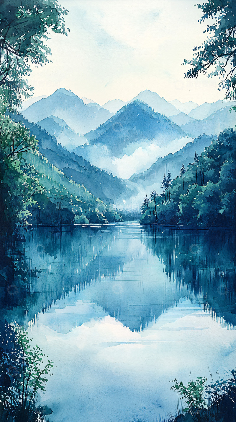 高清大图下载【趣麦麦图】蓝绿色山水画