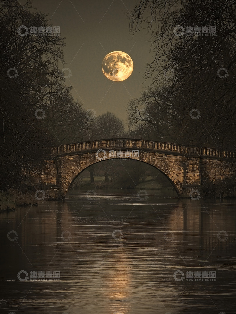 高清大图下载【趣麦麦图】月光下的石桥倒影