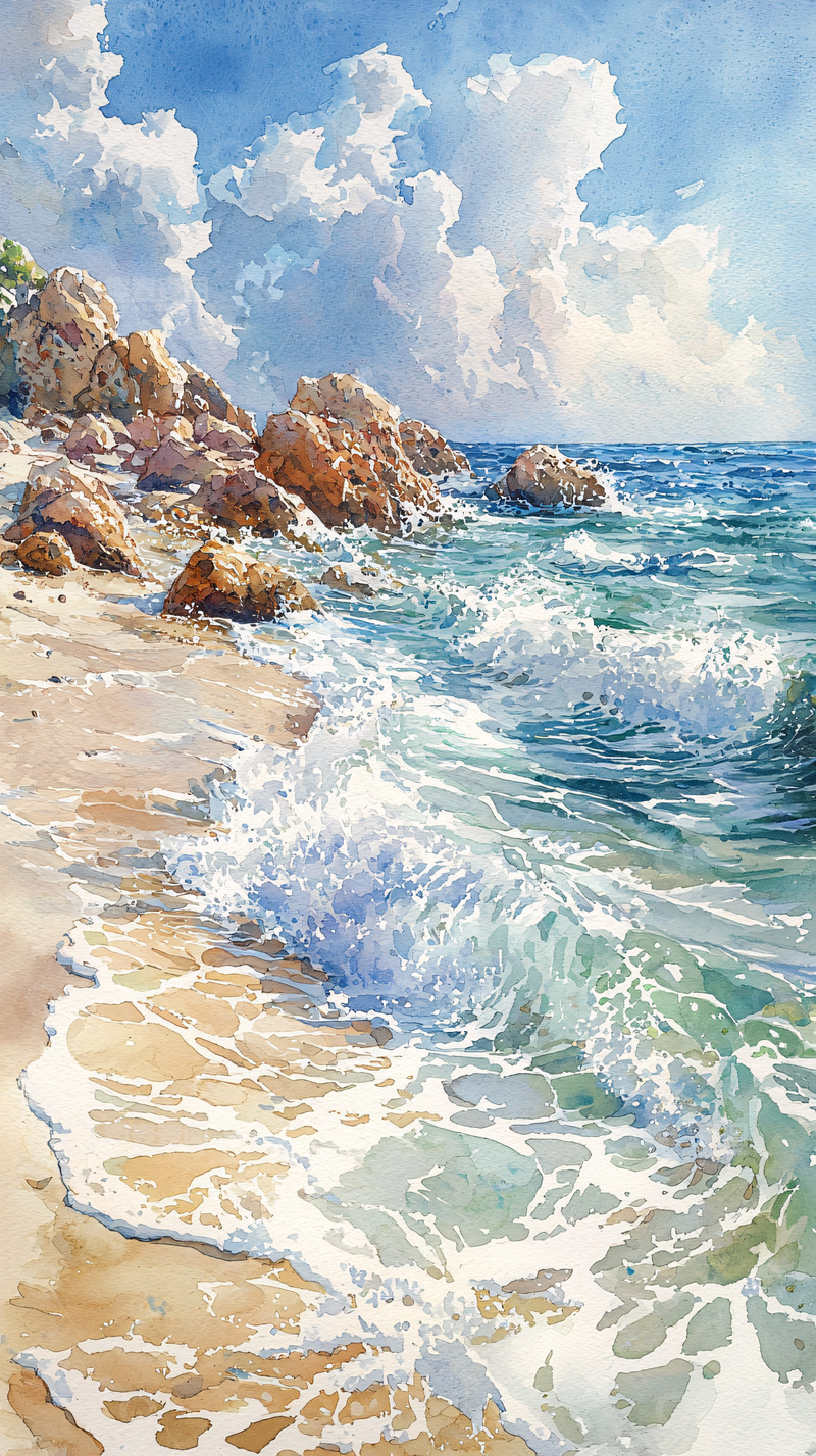 高清大图下载【趣麦麦图】水彩海滩风景1