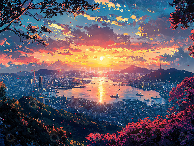 高清大图下载【趣麦麦图】山顶日落城市全景