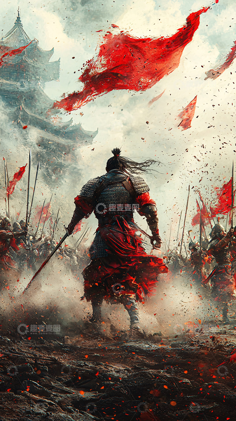 高清大图下载【趣麦麦图】红衣武士战场背影