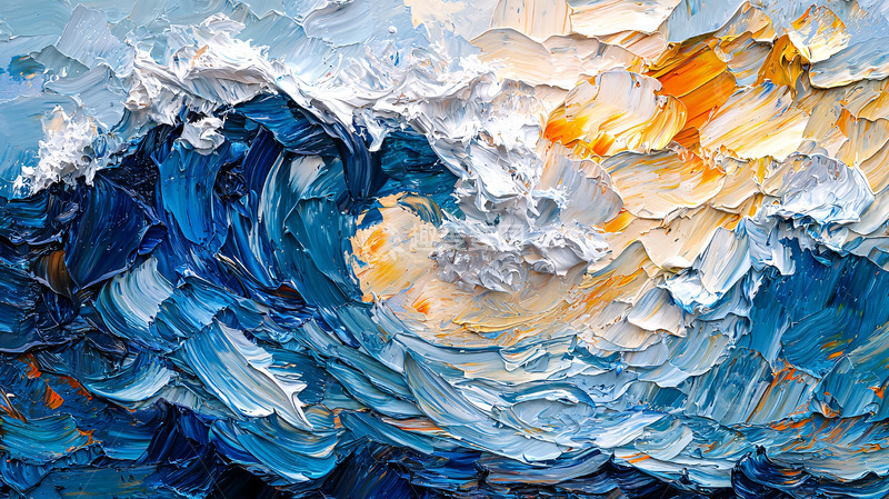 高清大图下载【趣麦麦图】油画风格的蓝色海浪