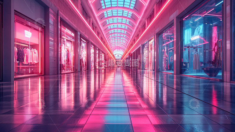 高清大图下载【趣麦麦图】霓虹灯照亮的购物中心走廊