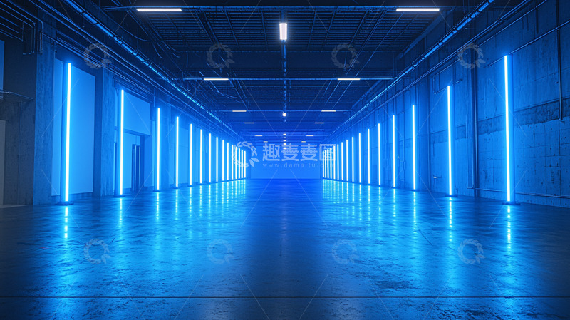 高清大图下载【趣麦麦图】蓝色霓虹灯走廊