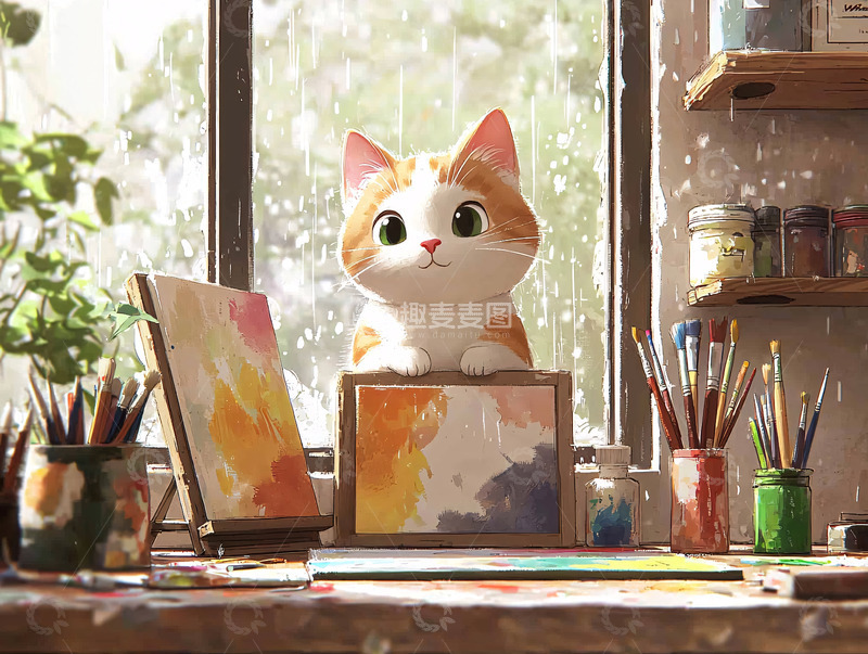 高清大图下载【趣麦麦图】窗边可爱猫咪绘画工作室